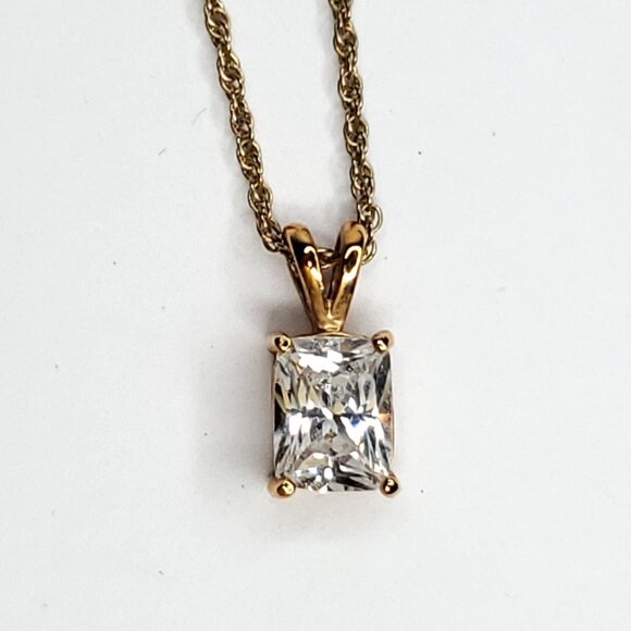 Solitaire CZ Pendant Necklace Post Earring Set Rectangle Cut Goldtone - Picture 3 of 3